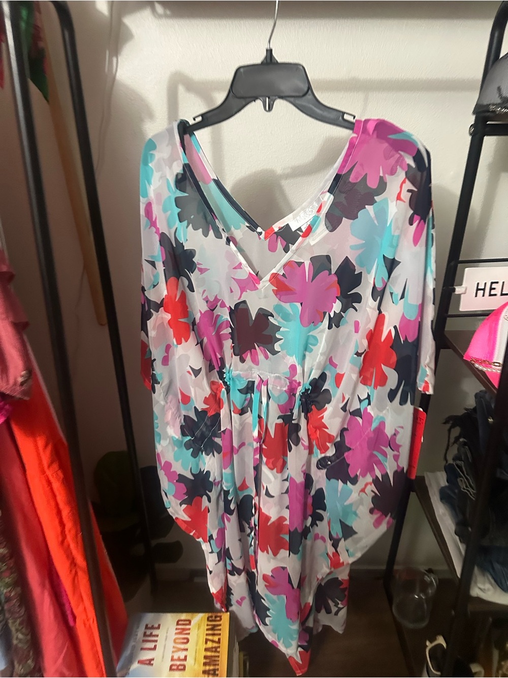 Magicsuit Floral Cover-Up in White with Pink, Red, Teal & Black Blossoms - Picture 3 of 5